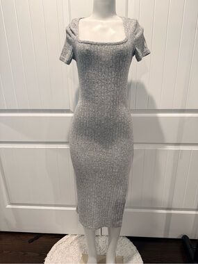 SHEIN Gray Ribbed Square-Neck Midi Dress